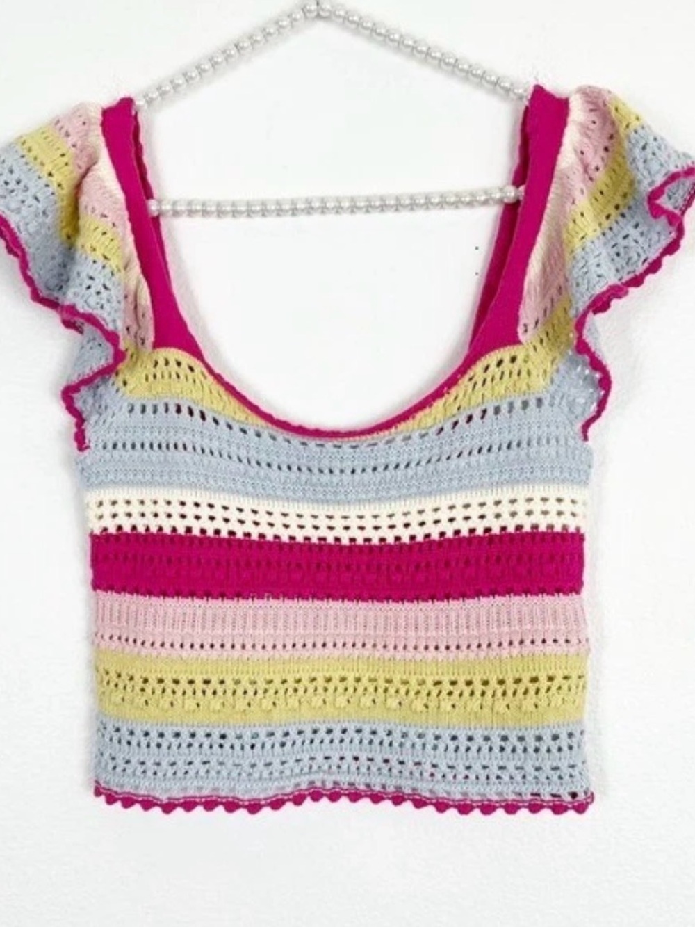 Crochet Striped Ruffle Sleeve Crop Top - Hot Pink Multicolor